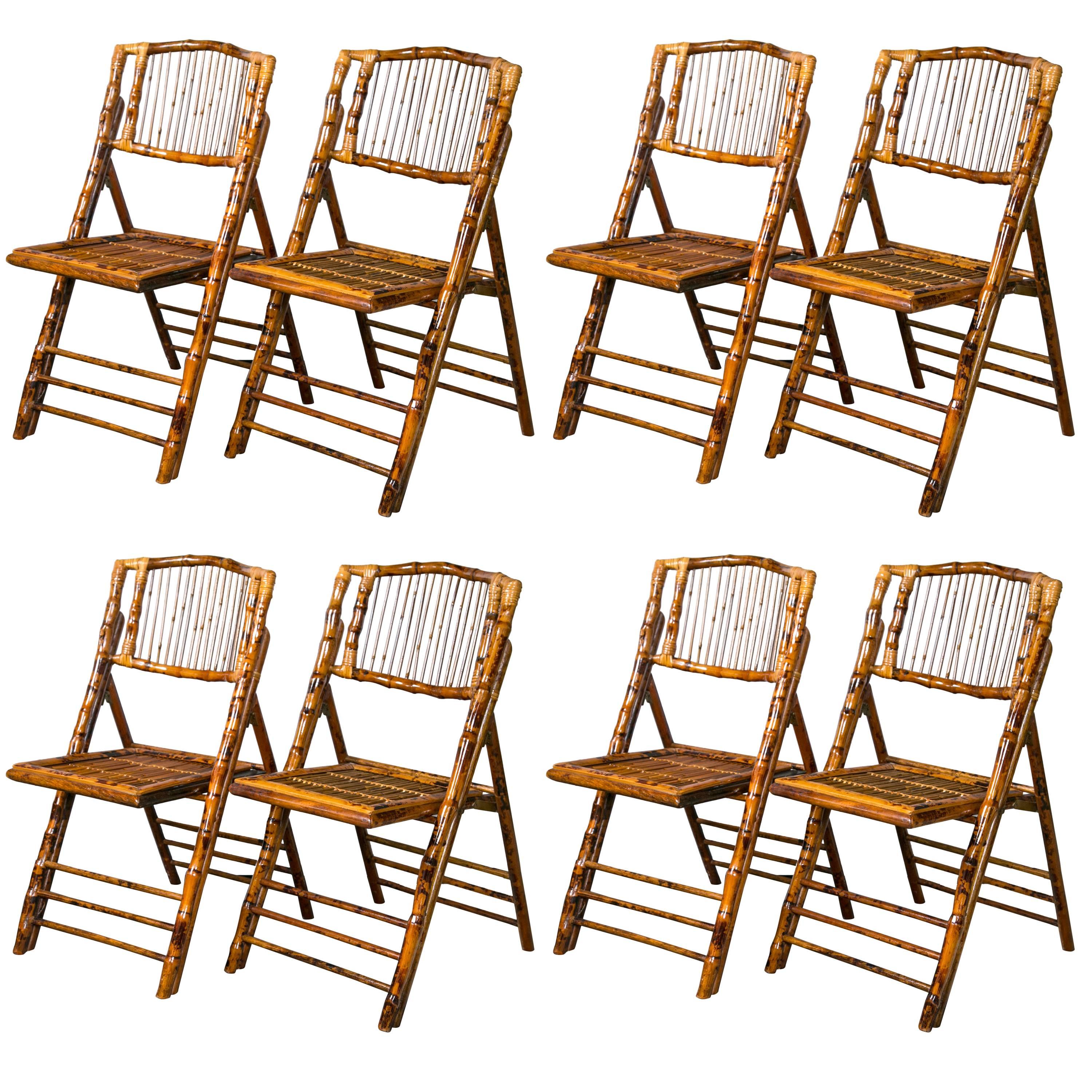 Eight Folding Tortoise Shell and Bamboo Stylized Side Chairs