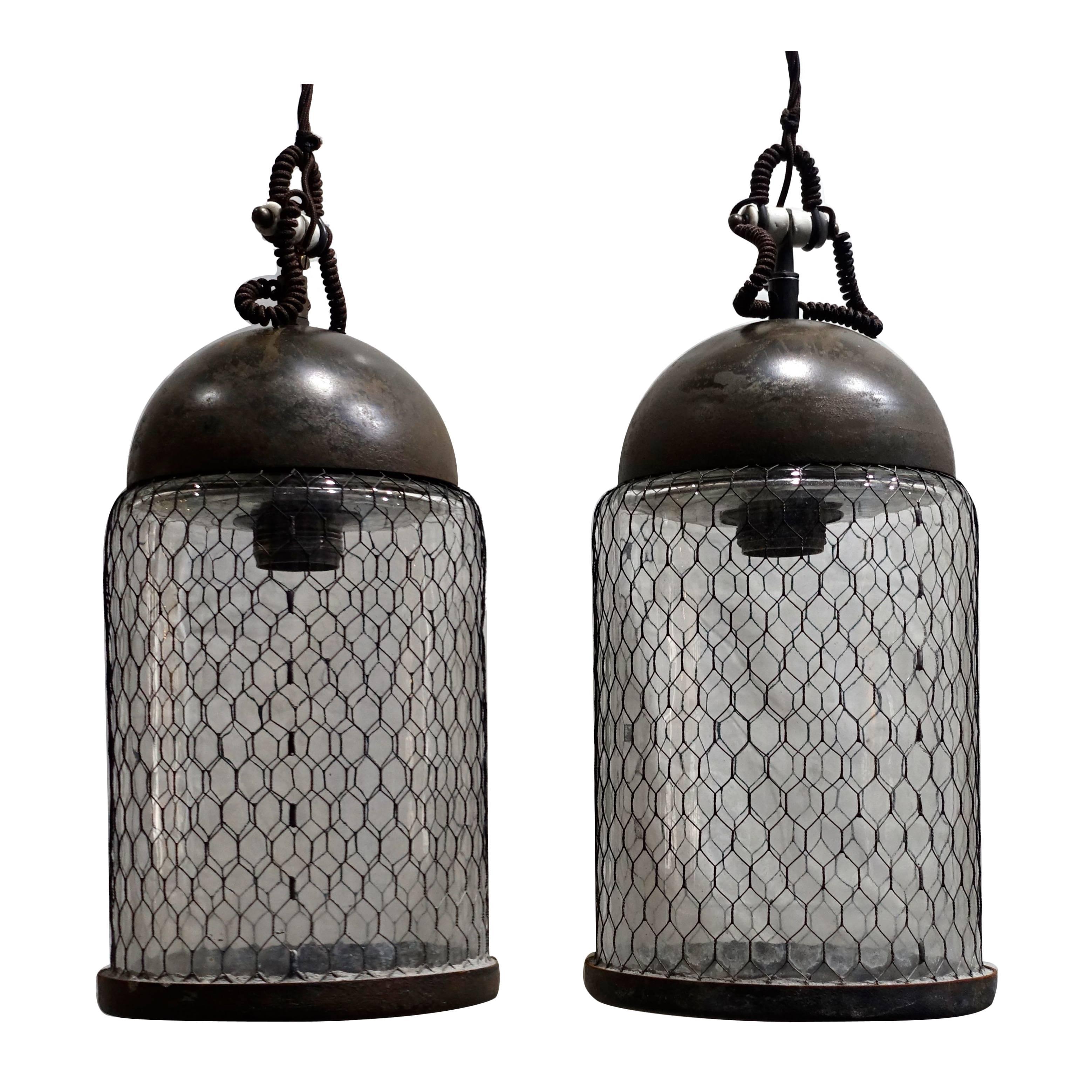 Contemporary Pair of Brushed Metal Pendant Lights with Cage, Italy