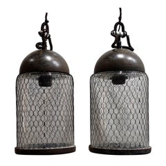 Contemporary Pair of Brushed Metal Pendant Lights with Cage, Italy