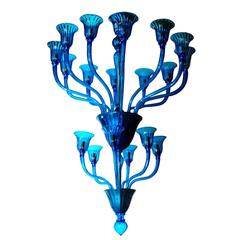 Monumental Italian Murano Blue Glass Chandeliers by Barovier e Toso