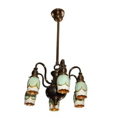 Antique Six-Arm Chandelier with Pulled Feather Shades