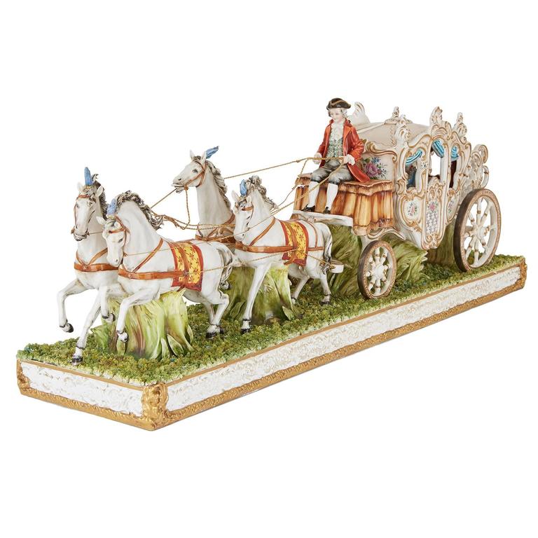 Italian Tiche porcelain horse and carriage group For Sale at 1stDibs