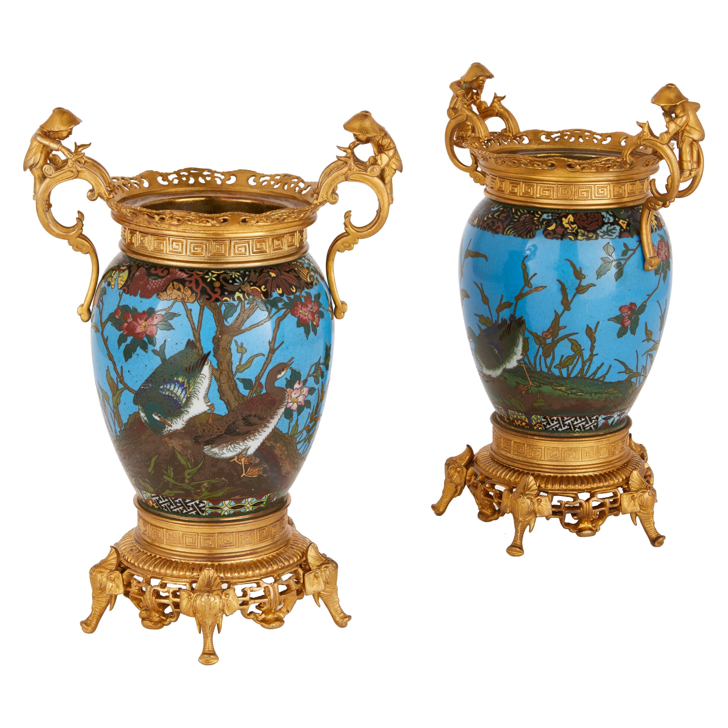 Pair of Ormolu-Mounted Cloisonné Enamel Vases For Sale