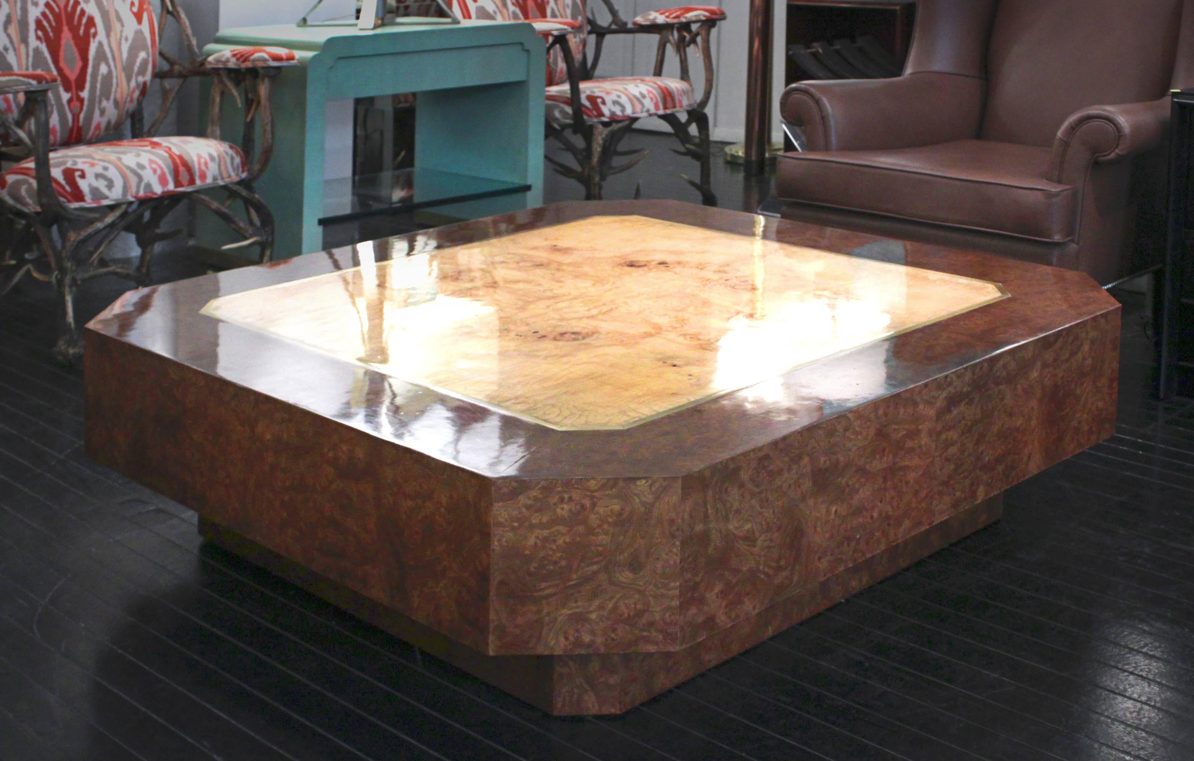 Late 20th Century DiGerlando Coffee Table in Ash Burl with Brass Inlays by Karl Springer