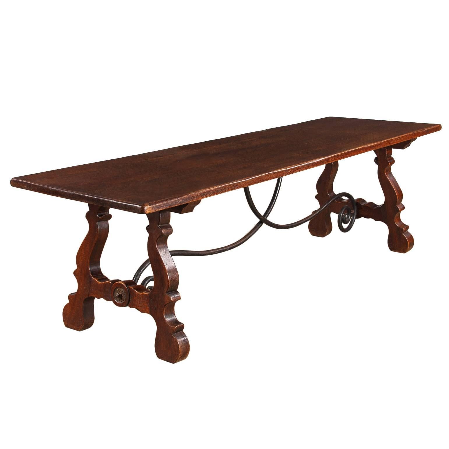 Mid-Century Oak Trestle Table from Spain