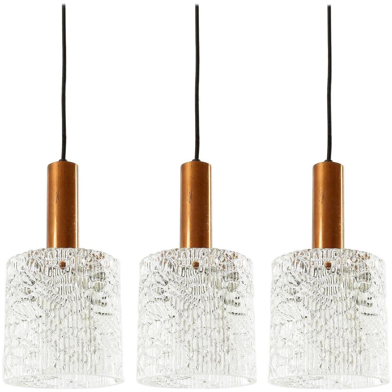 One of Six Kalmar Pendant Lights, Textured Glass and Patinated Copper, 1950s For Sale