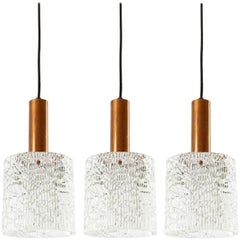 Vintage One of Six Kalmar Pendant Lights, Textured Glass and Patinated Copper, 1950s