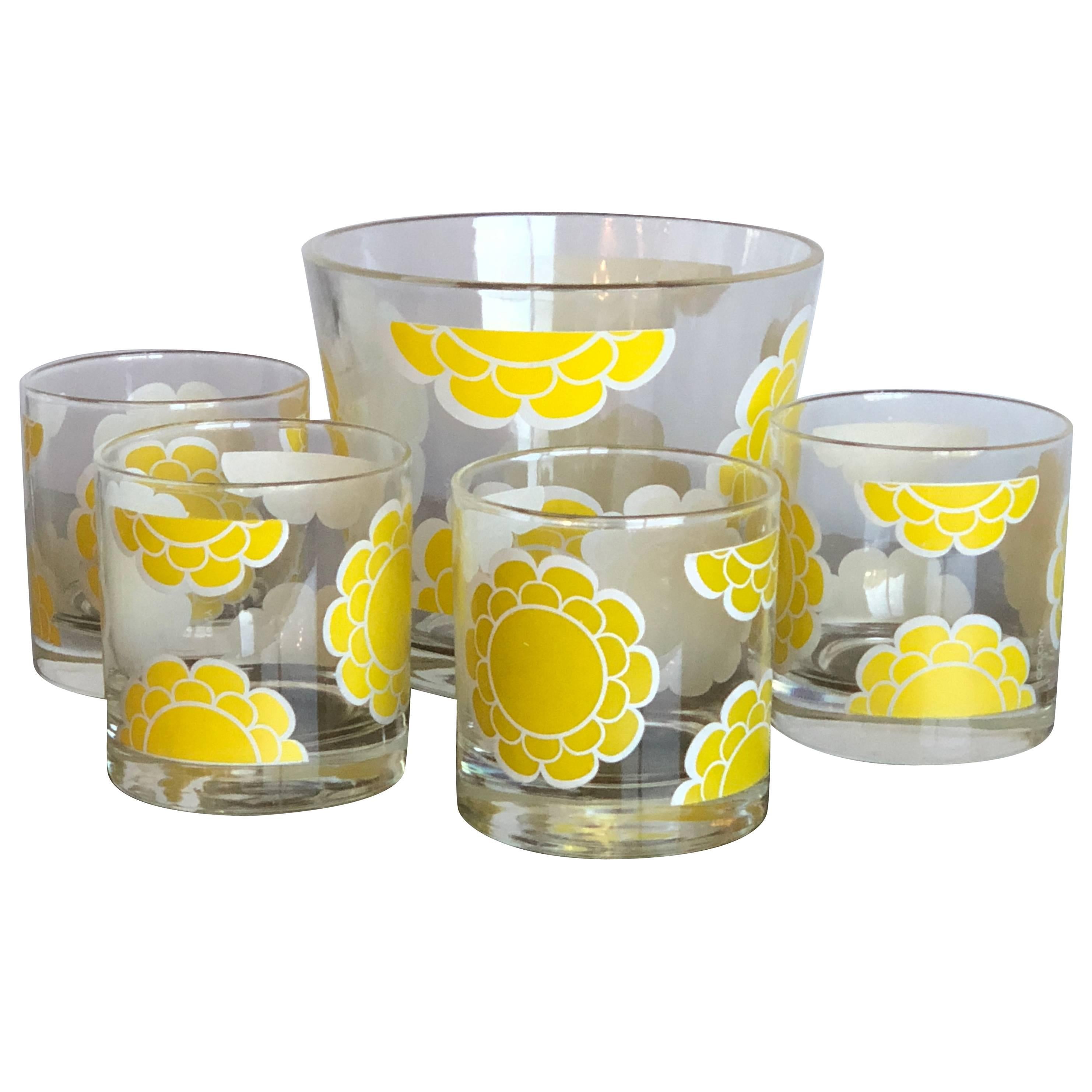 Mid-Century Modern Colony "Yellow Flower Power" Pattern Ice Bucket & s/4 Glasses