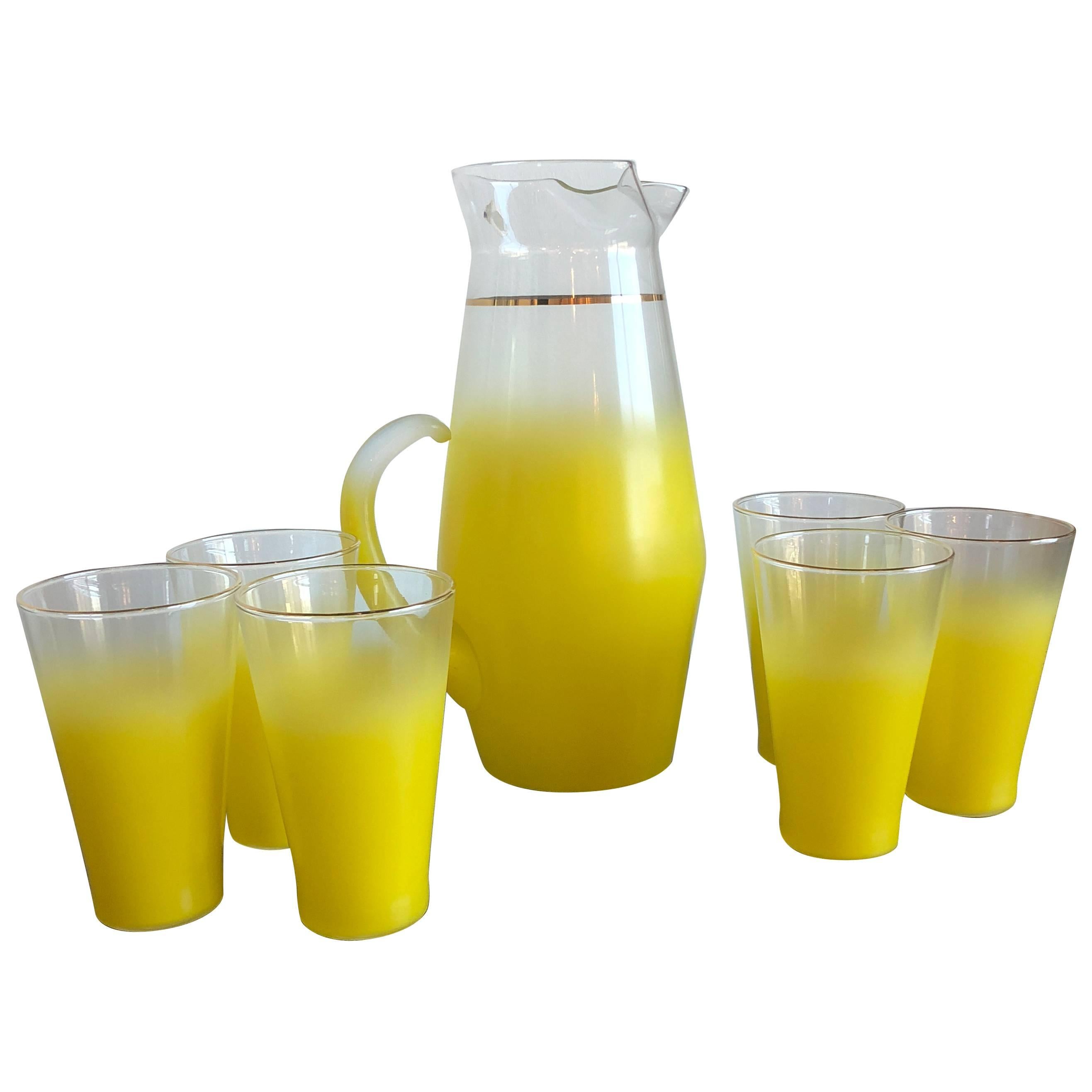 Mid-Century Modern Seven-Piece Ombre Yellow West Virginia Glass Beverage Set