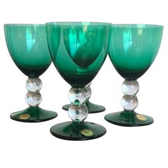 20th Century Emerald Green S/4 Hand-Cut / Mouth Blown Goblets by "Block Crystal"