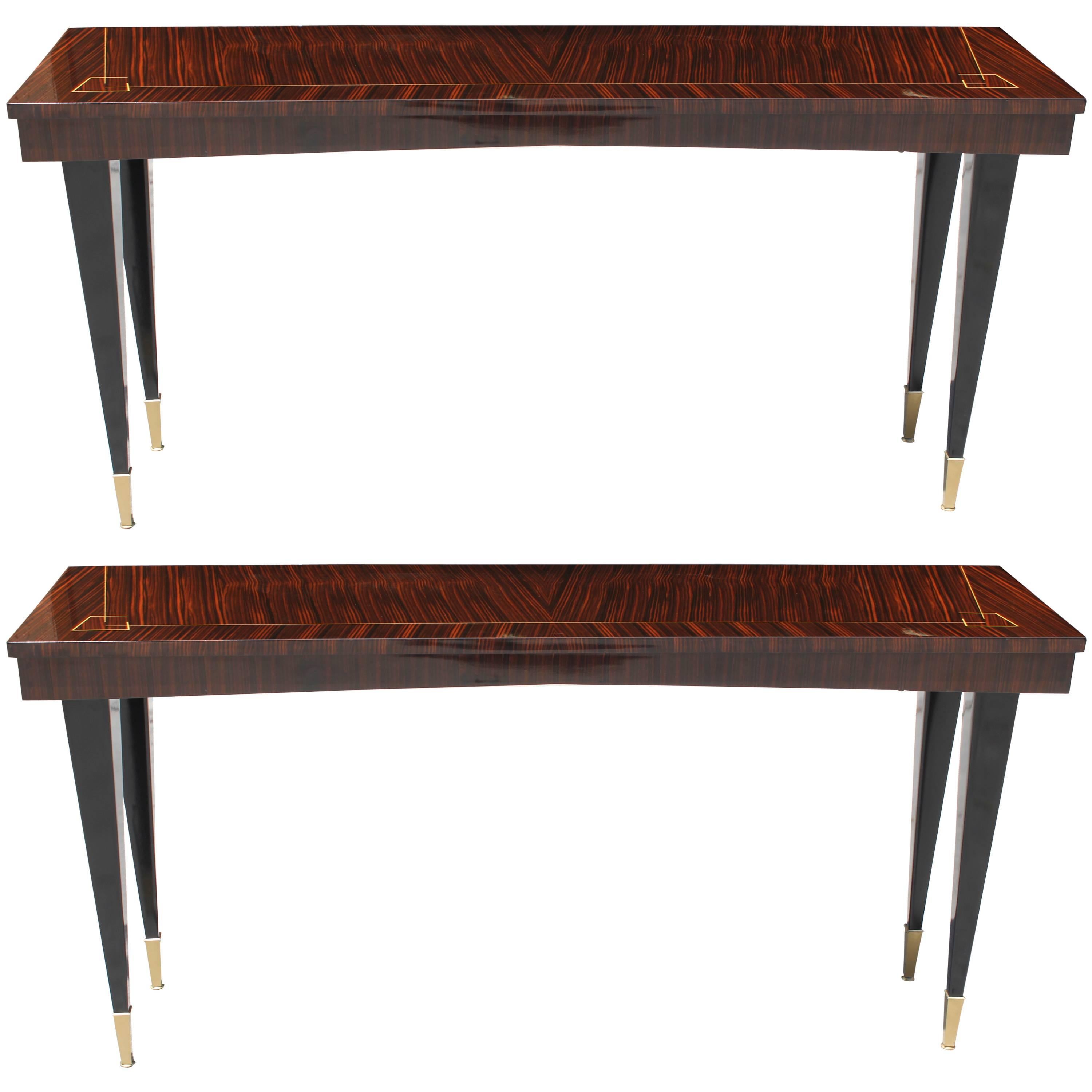 Pair of French Art Deco Long Exotic Macassar Ebony Console Tables, circa 1940s