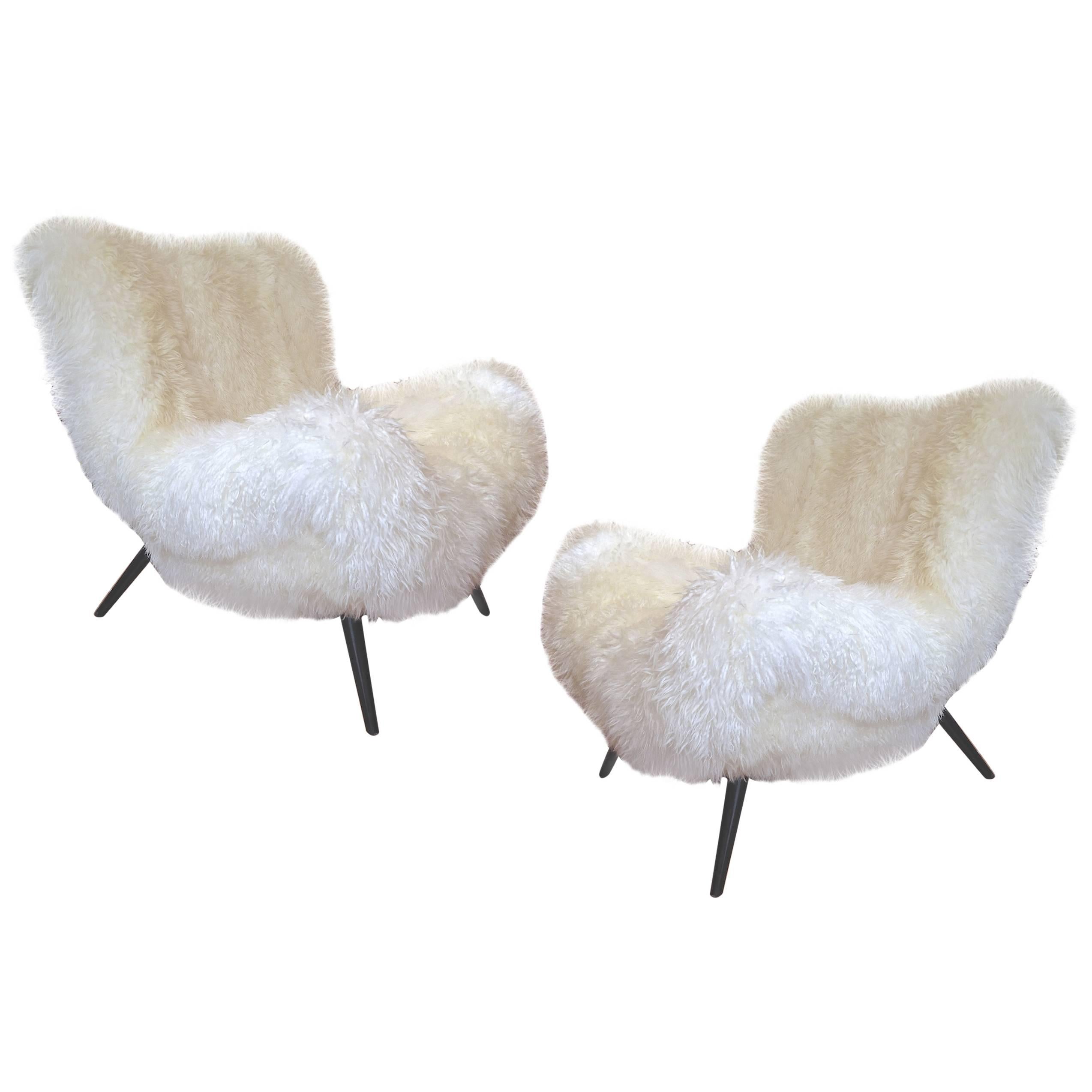 Fritz Neth Rarest Spectacular Wood Legged Lounge Chairs Covered in Sheepskin Fur For Sale