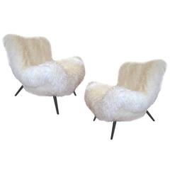 Fritz Neth Rarest Spectacular Wood Legged Lounge Chairs Covered in Sheepskin Fur