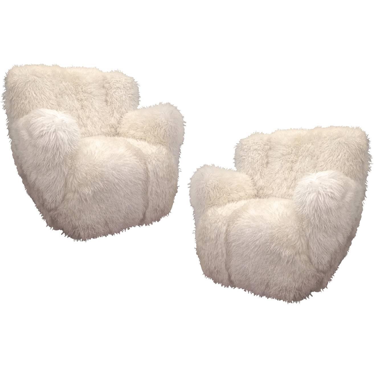 Viggo Boesen Pair of Hairy Club Chairs Covered in Sheep Skin Fur For Sale