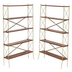 Mid-Century French X Etageres or Shelves in Brass and Wood