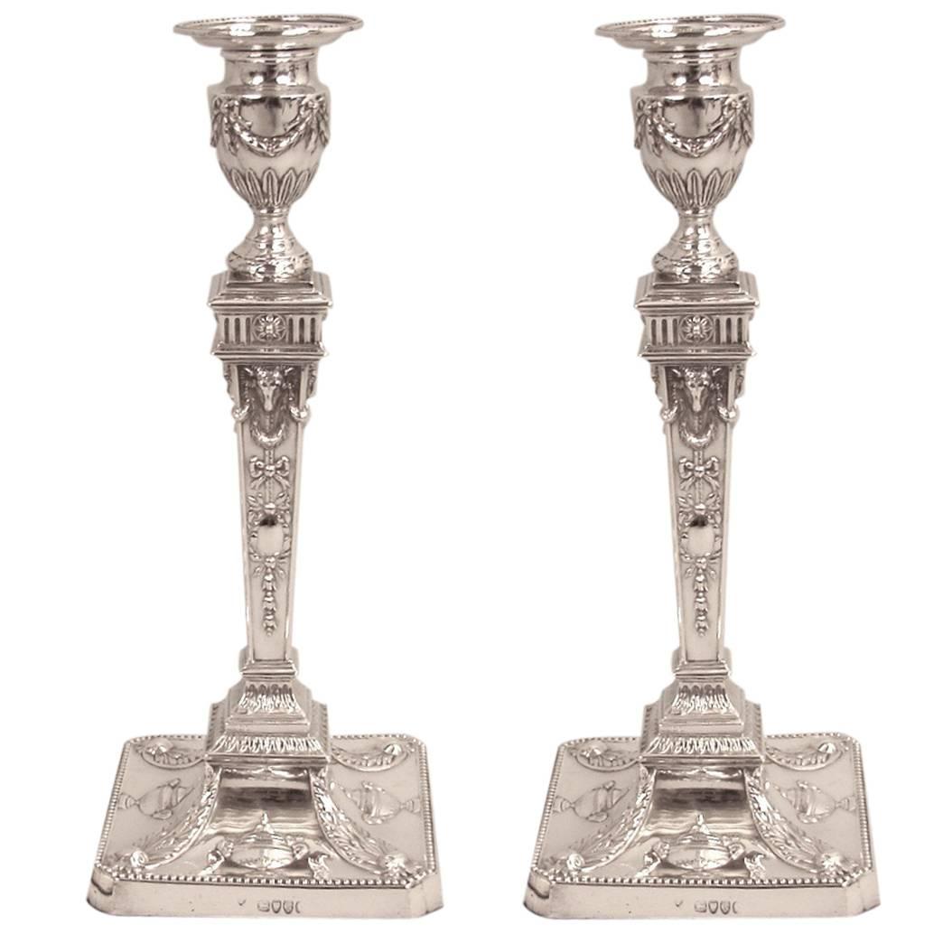 English Neoclassical Style Sterling Silver Candlesticks, London, 1882
