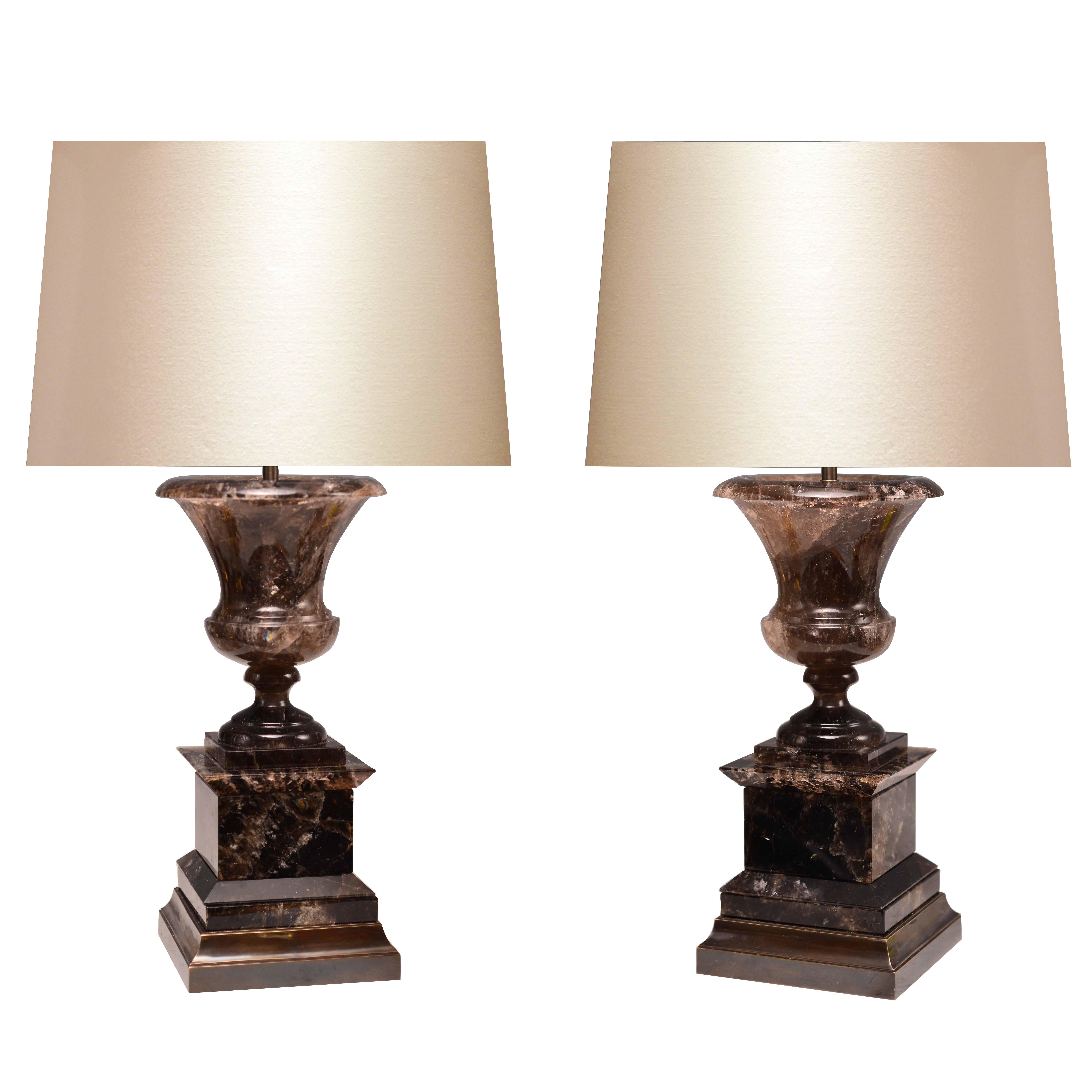 Pair of Smoky Brown Rock Crystal Quartz Urn Table Lamps For Sale