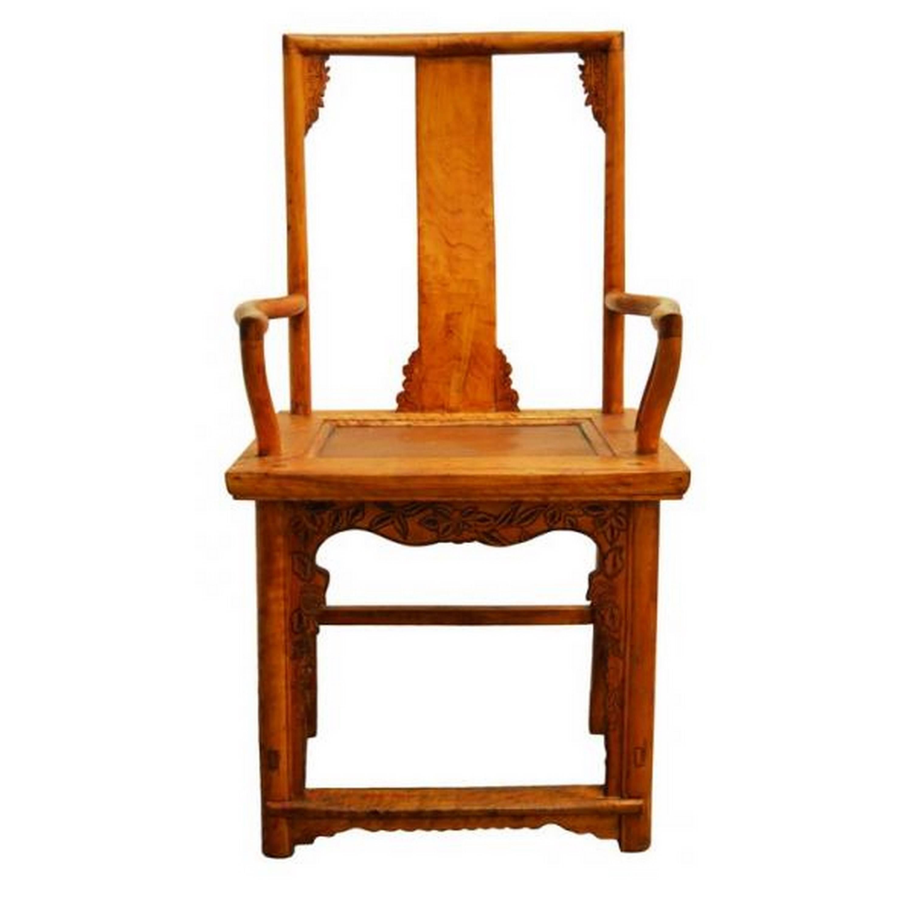 Antique Hand Carved and Lacquered Elmwood Chair from 19th Century China For Sale