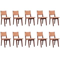 Rare Oak Jens Risom Set of Ten Webbed Knoll Chairs in Leather Webbing, France