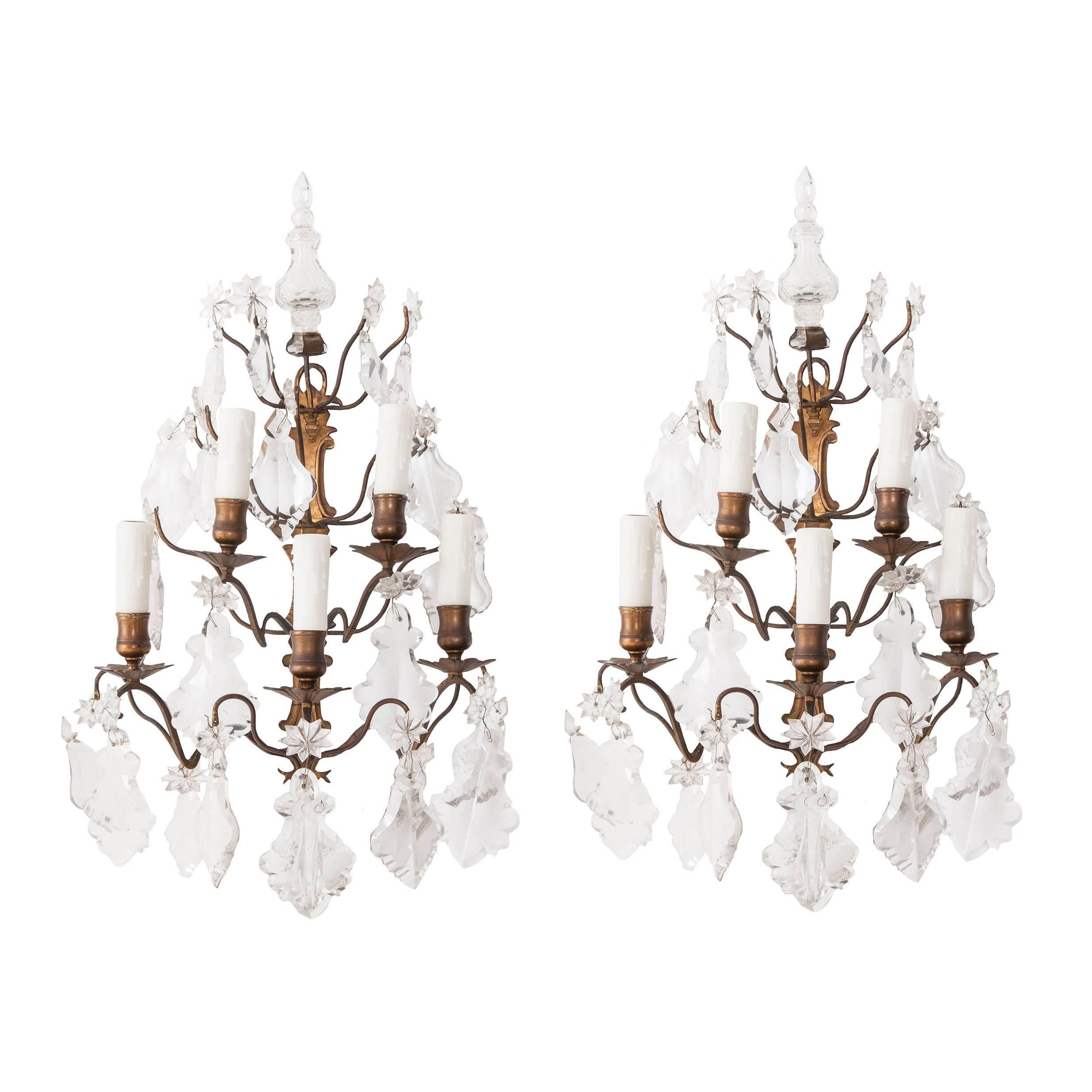 Pair of French 19th Century Crystal and Brass Sconces