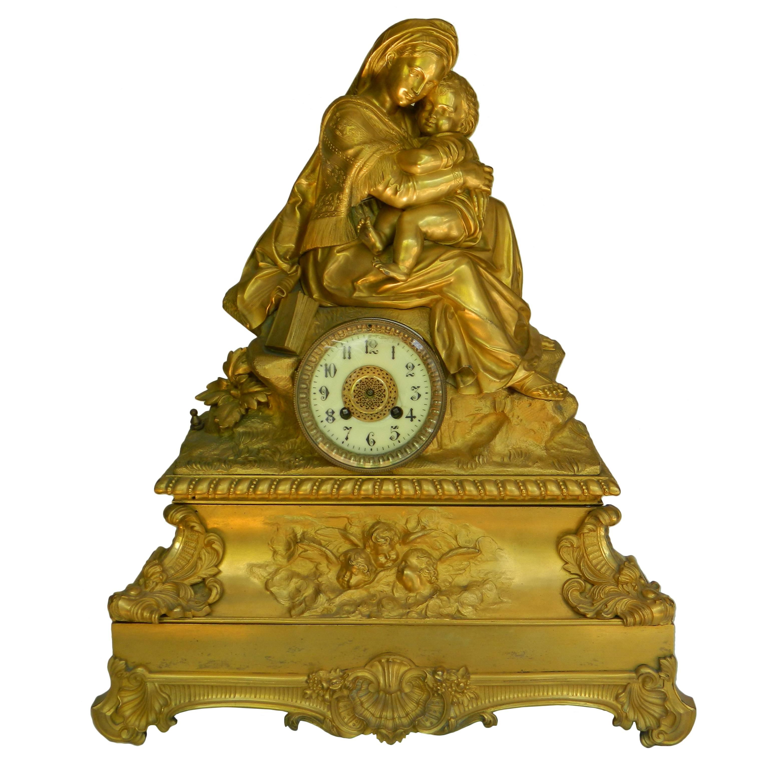 Large 18th Century French Bronze Sculpture Mantel Clock For Sale