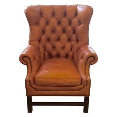 Rich Camel Leather Tufted Wing Chair
