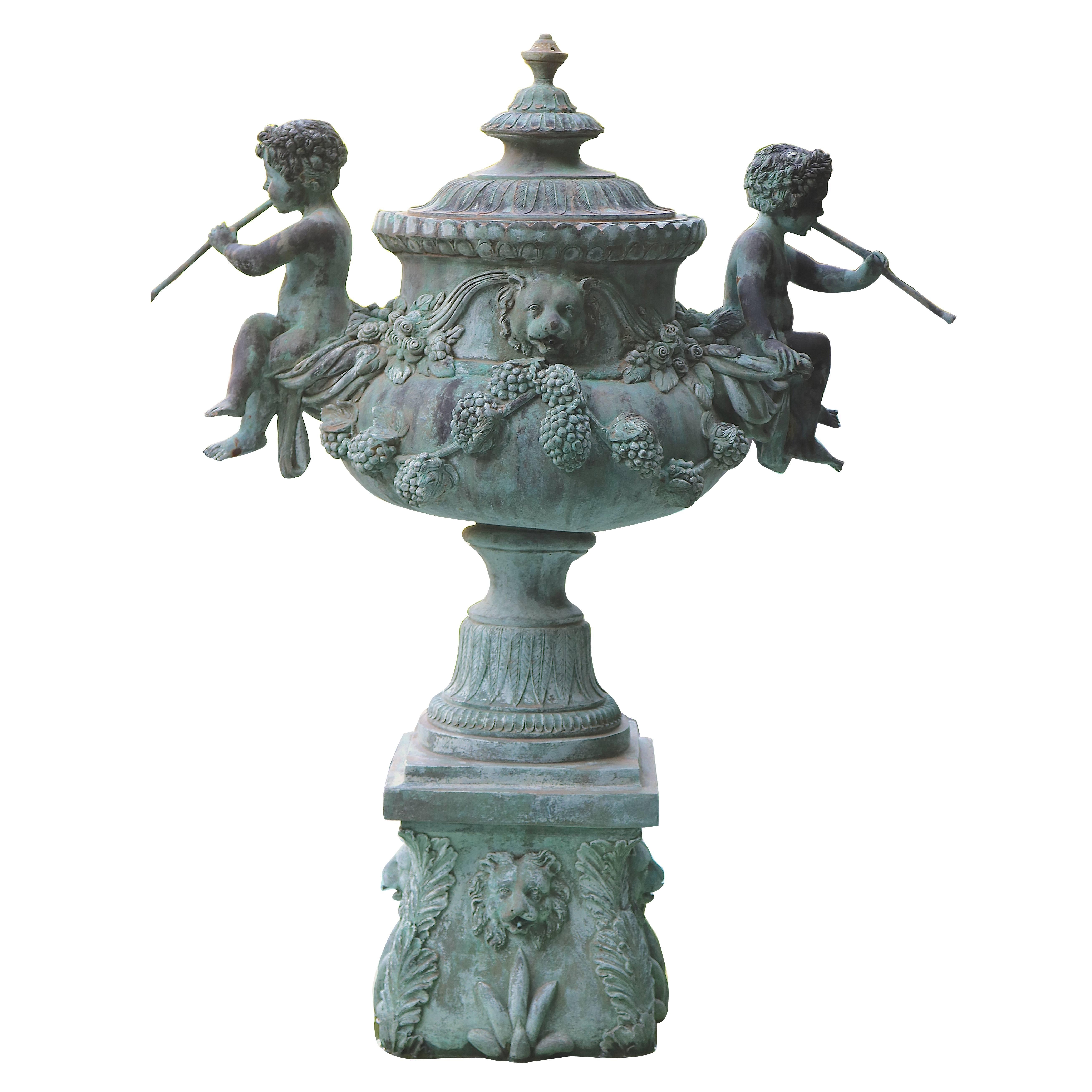 Superb Cascading Bronze Verdigris Fountain- Flute Playing Puttis- Lions-Provenan