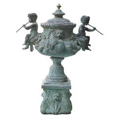 Vintage Superb Cascading Bronze Verdigris Fountain- Flute Playing Puttis- Lions-Provenan