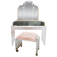 Lucite and Brass Waterfall Vanity with Lighted Mirror and Stool