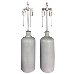 Pair of Great Tall Gray Textured Ceramic Vessels with Lamp Application