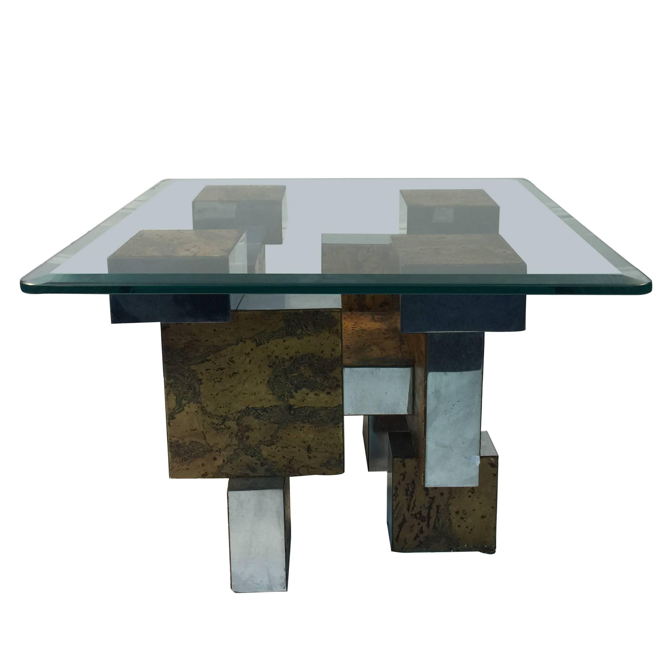 Brutalist Paul Evans Cityscape Burl wood and Chrome Coffee or Cocktail Table For Sale