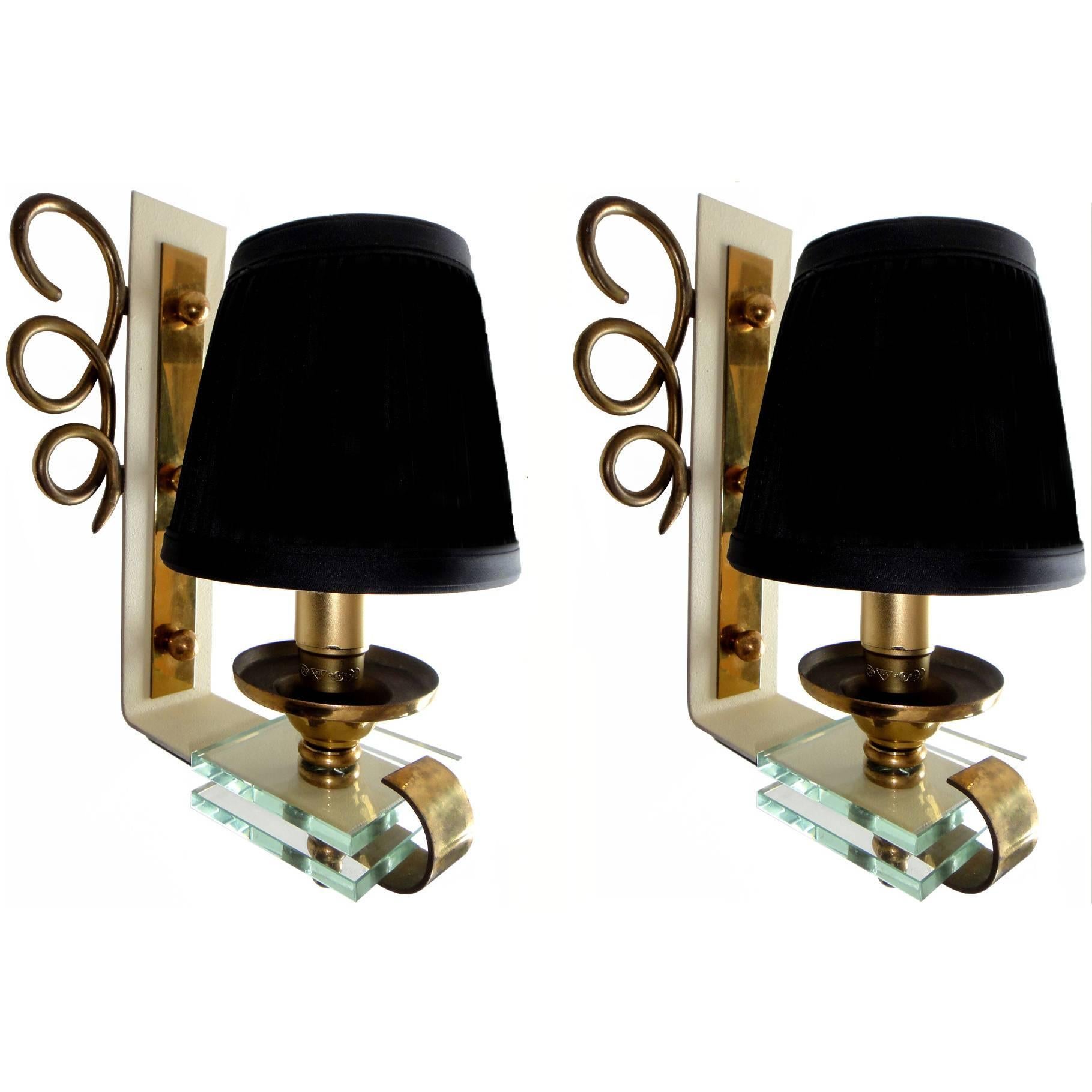 Pair of 1950 French Sconces Brass & Crystal Art Deco