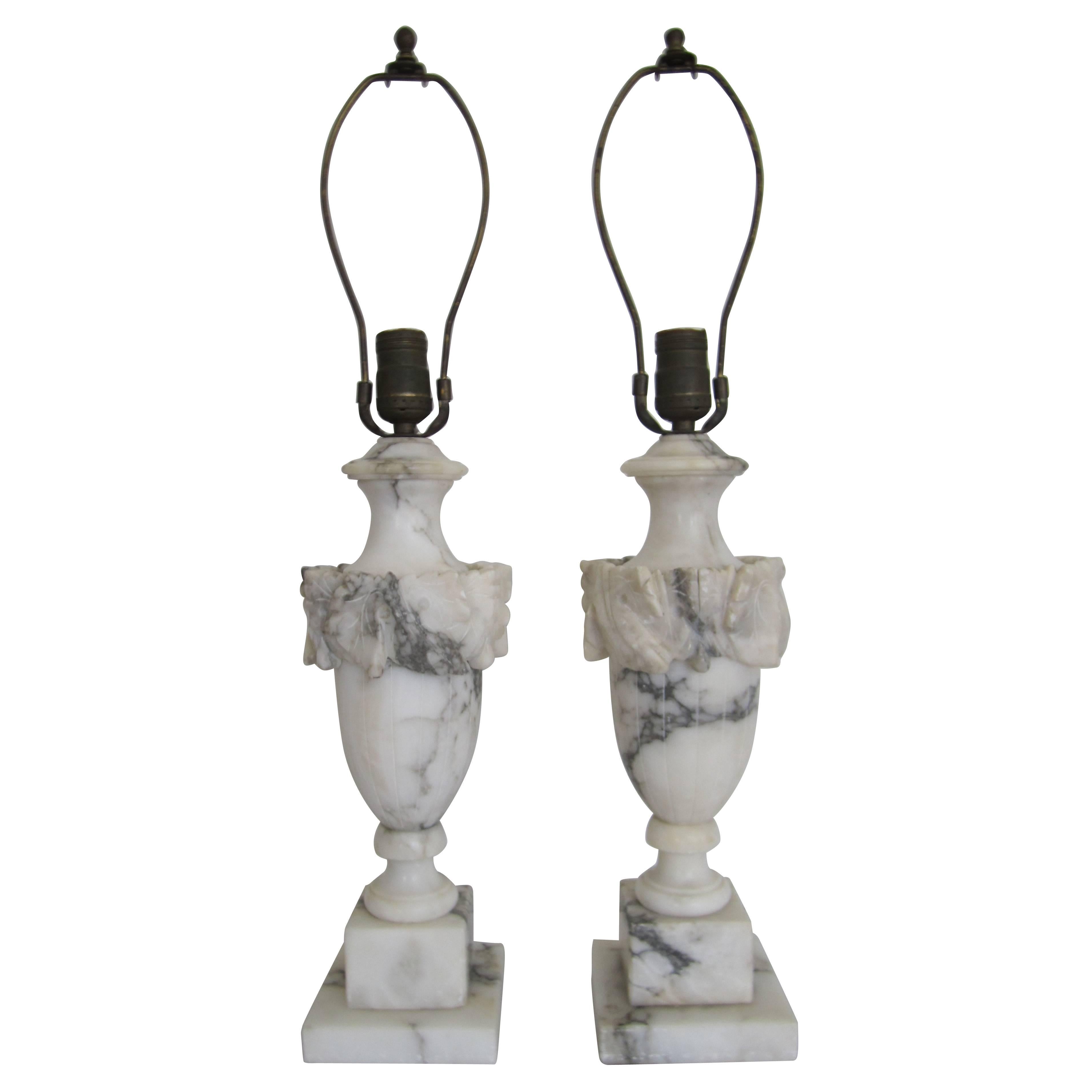 Italian Neoclassical Solid Black and White Marble Urn Table Lamps