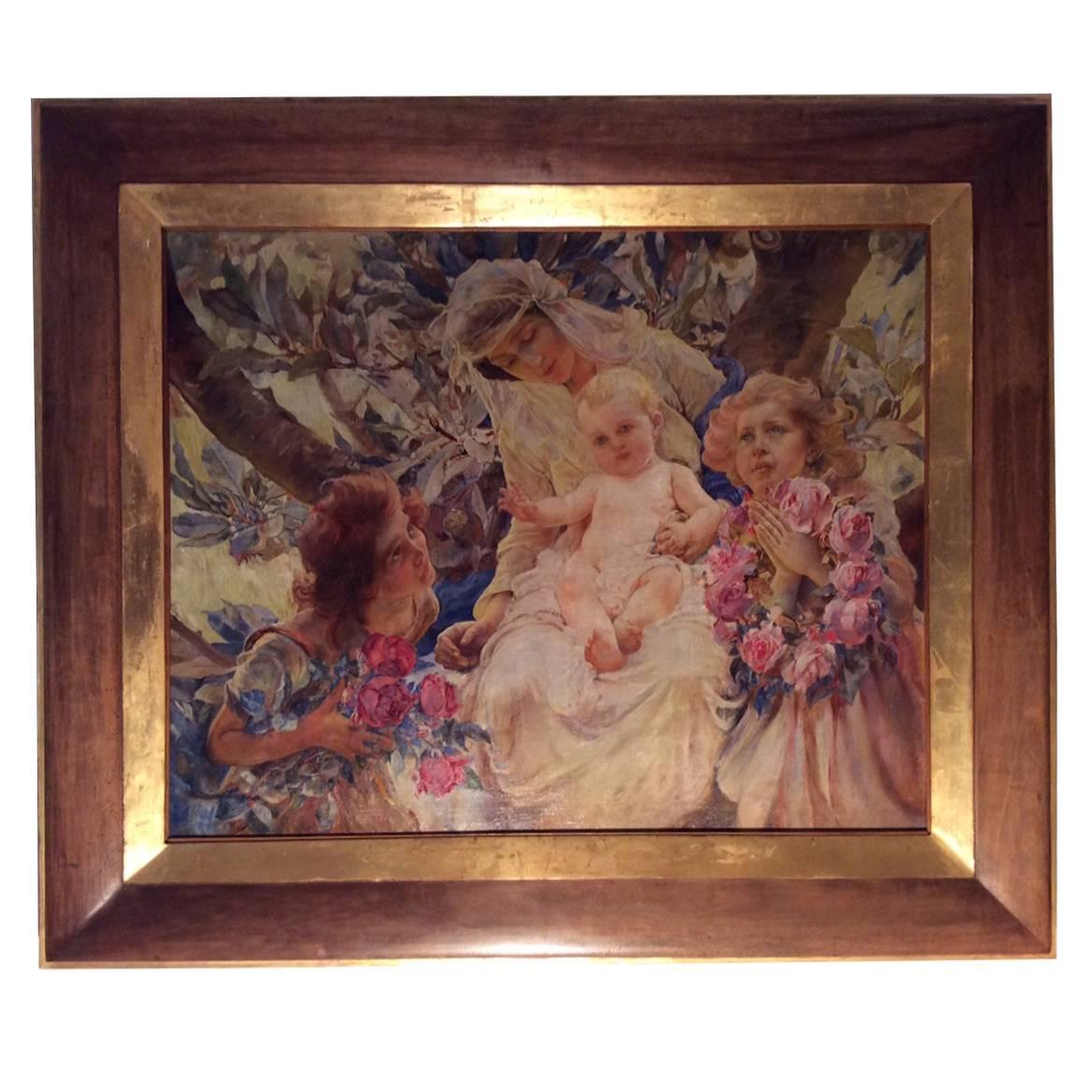 Mother and Child with Two Angels, Oil on Canvas, Symbolism  circa 1890 For Sale