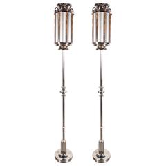 Pair of Art Deco Movie Theatre Lobby Floor Lamps in Polished Nickel and Aluminum