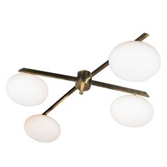 Brushed Brass & Frosted Glass Four-Arm Globe Chandelier, Manner of Arredoluce