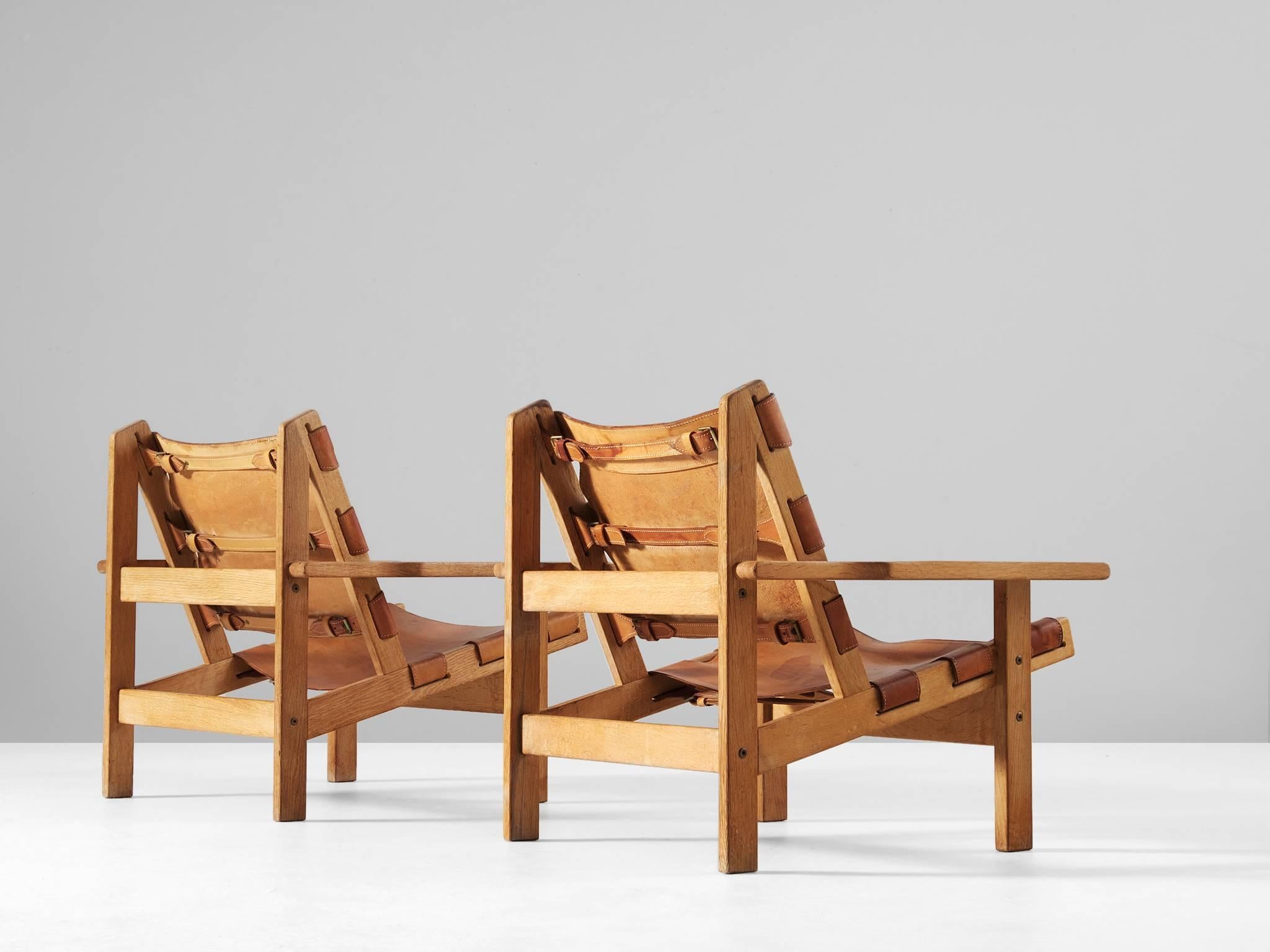 Scandinavian Modern Pair of Hunting Chairs in Solid Oak and Cognac Leather