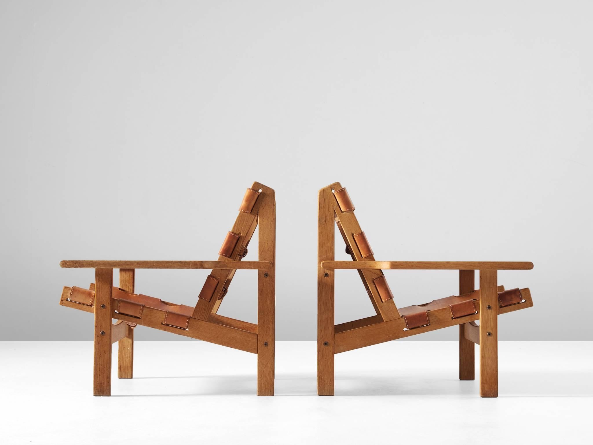 Danish Pair of Hunting Chairs in Solid Oak and Cognac Leather