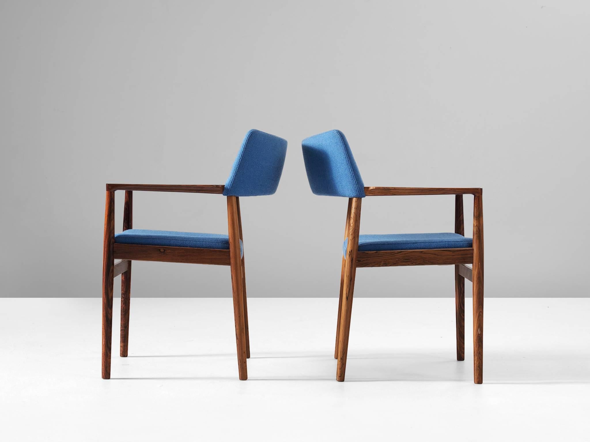 Scandinavian Set of Eight Dining Chairs in Rosewood and Blue Upholstery