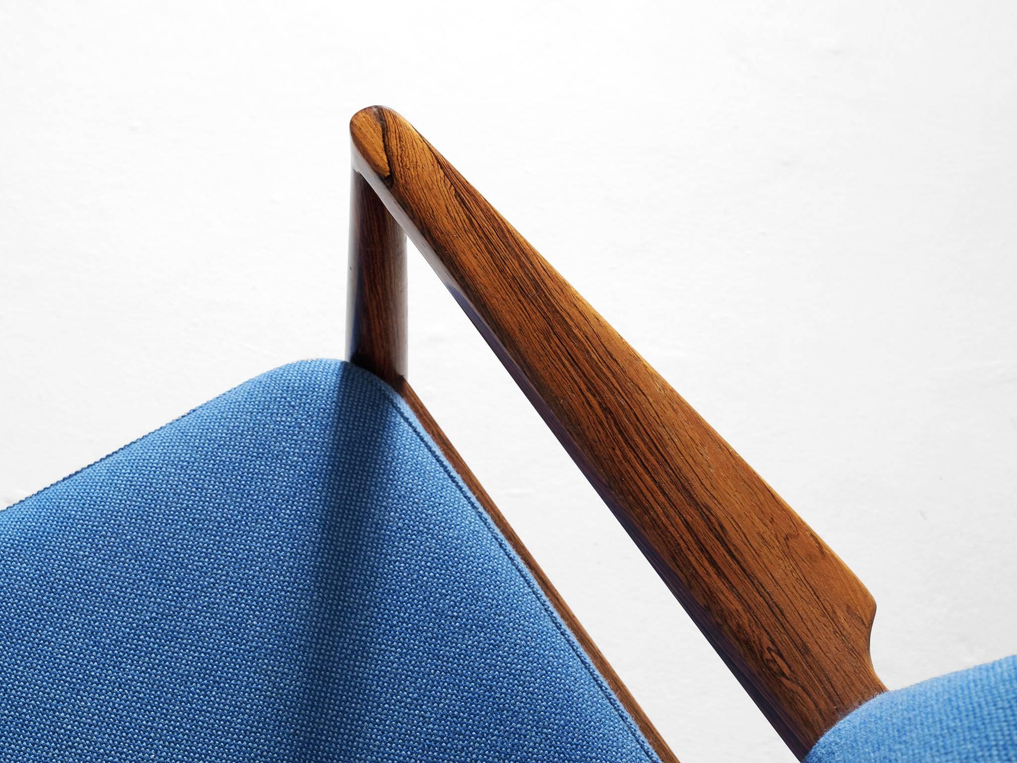 Fabric Set of Eight Dining Chairs in Rosewood and Blue Upholstery