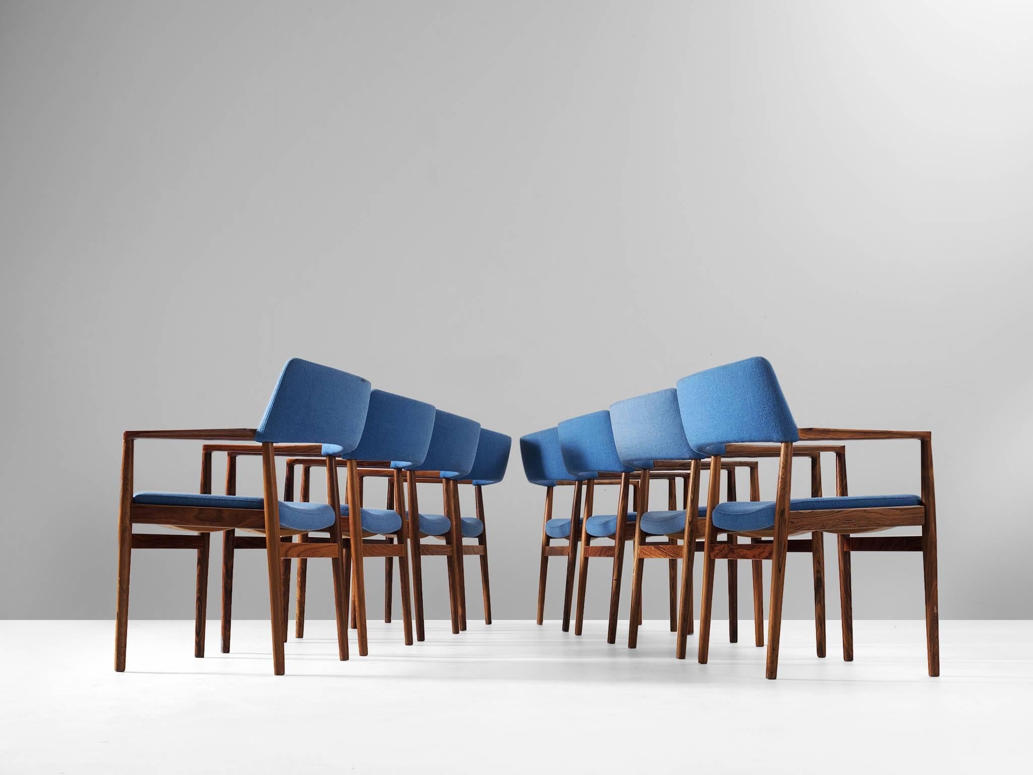 Scandinavian Modern Set of Eight Dining Chairs in Rosewood and Blue Upholstery