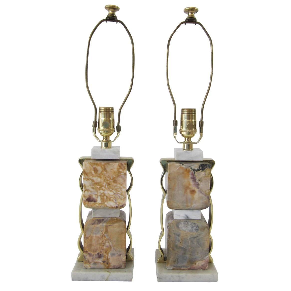 Pair of Stacked Marble Block Table Lamps For Sale