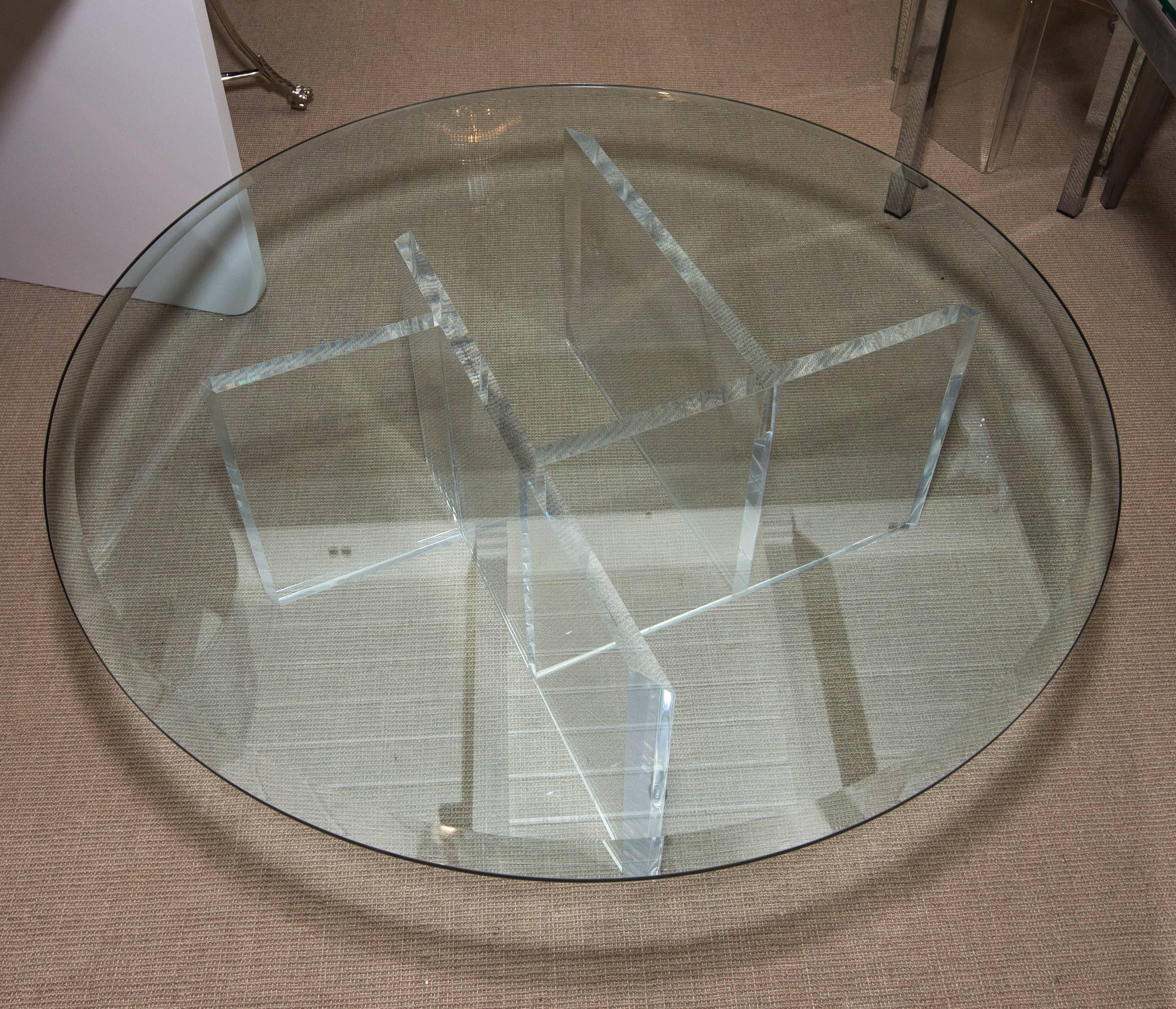 Round Mid-Century Lucite Cocktail Table with Beveled Glass Top In Excellent Condition In Water Mill, NY