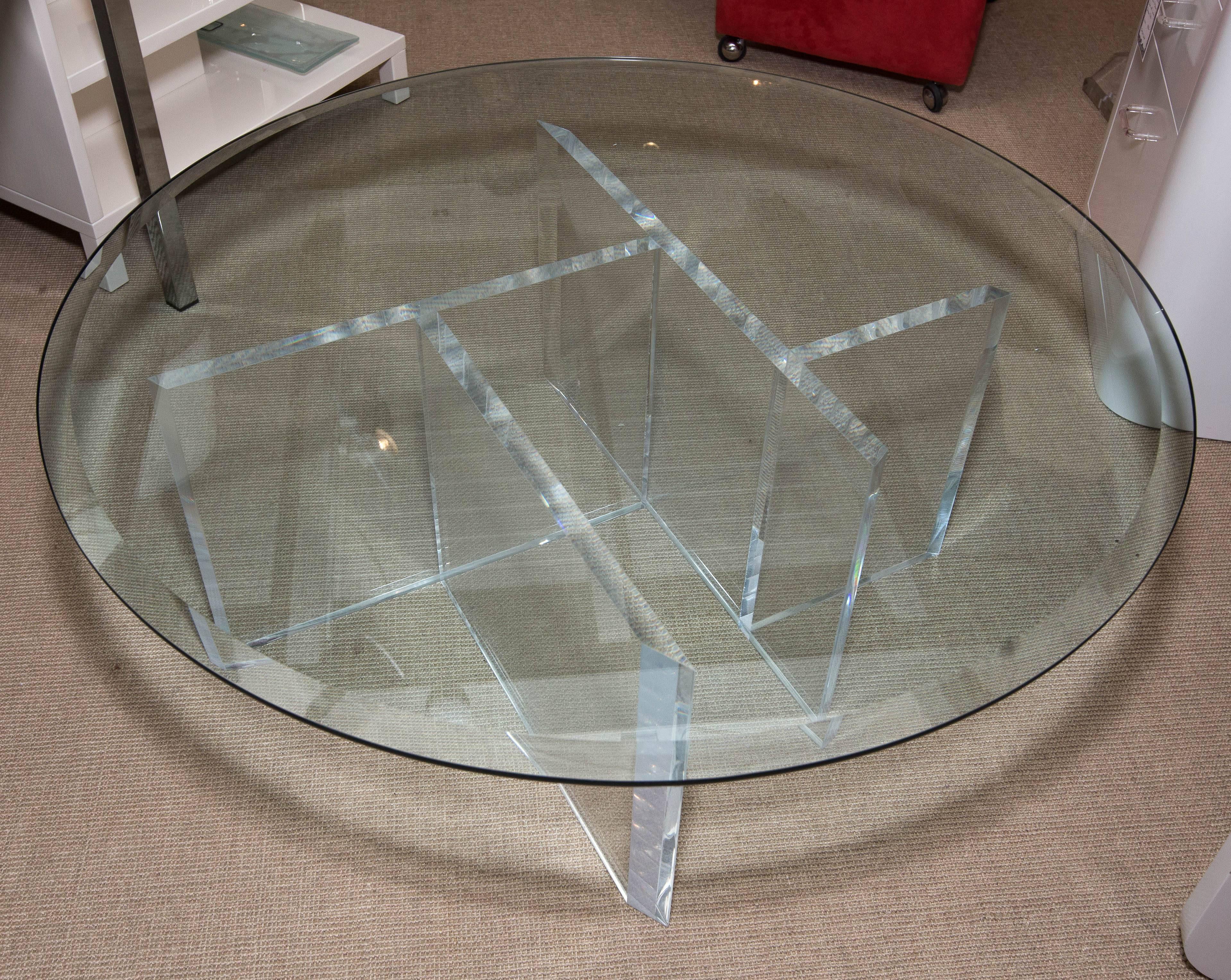 Round Mid-Century Lucite Cocktail Table with Beveled Glass Top 1