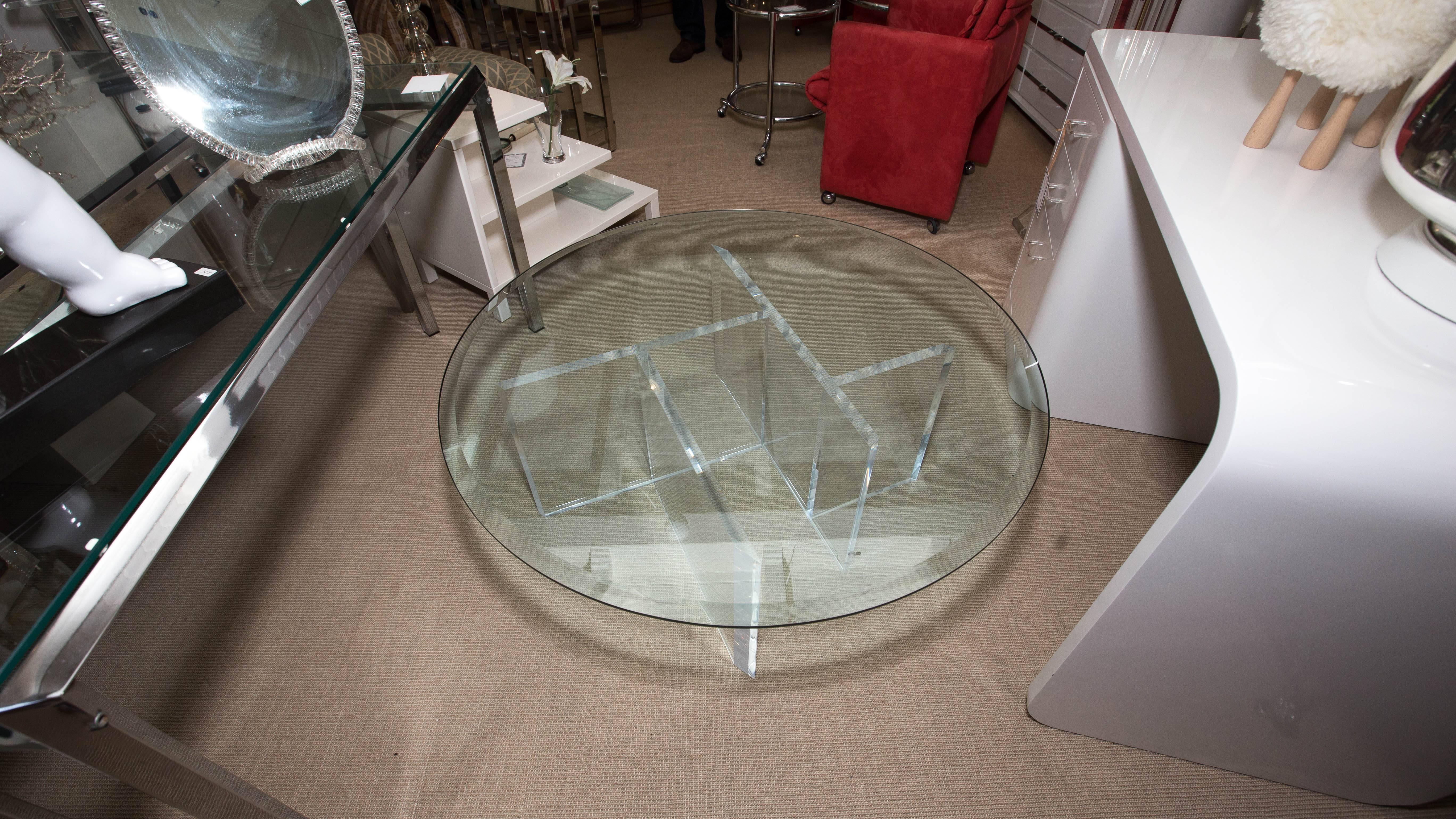 Round Mid-Century Lucite Cocktail Table with Beveled Glass Top 3