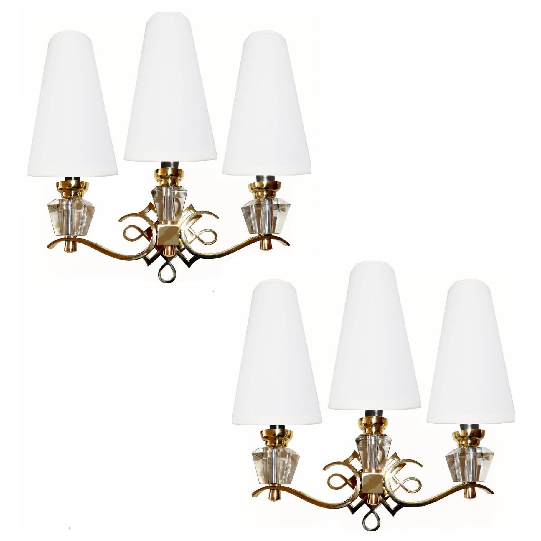 Polished Brass & Faceted Glass French Sconces in the Style of Jules Leleu - Pair For Sale