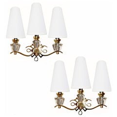 Polished Brass & Faceted Glass French Sconces in the Style of Jules Leleu - Pair