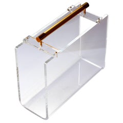 1970s Karl Springer / Charles Hollis Jones Style Lucite and Gold Magazine Rack