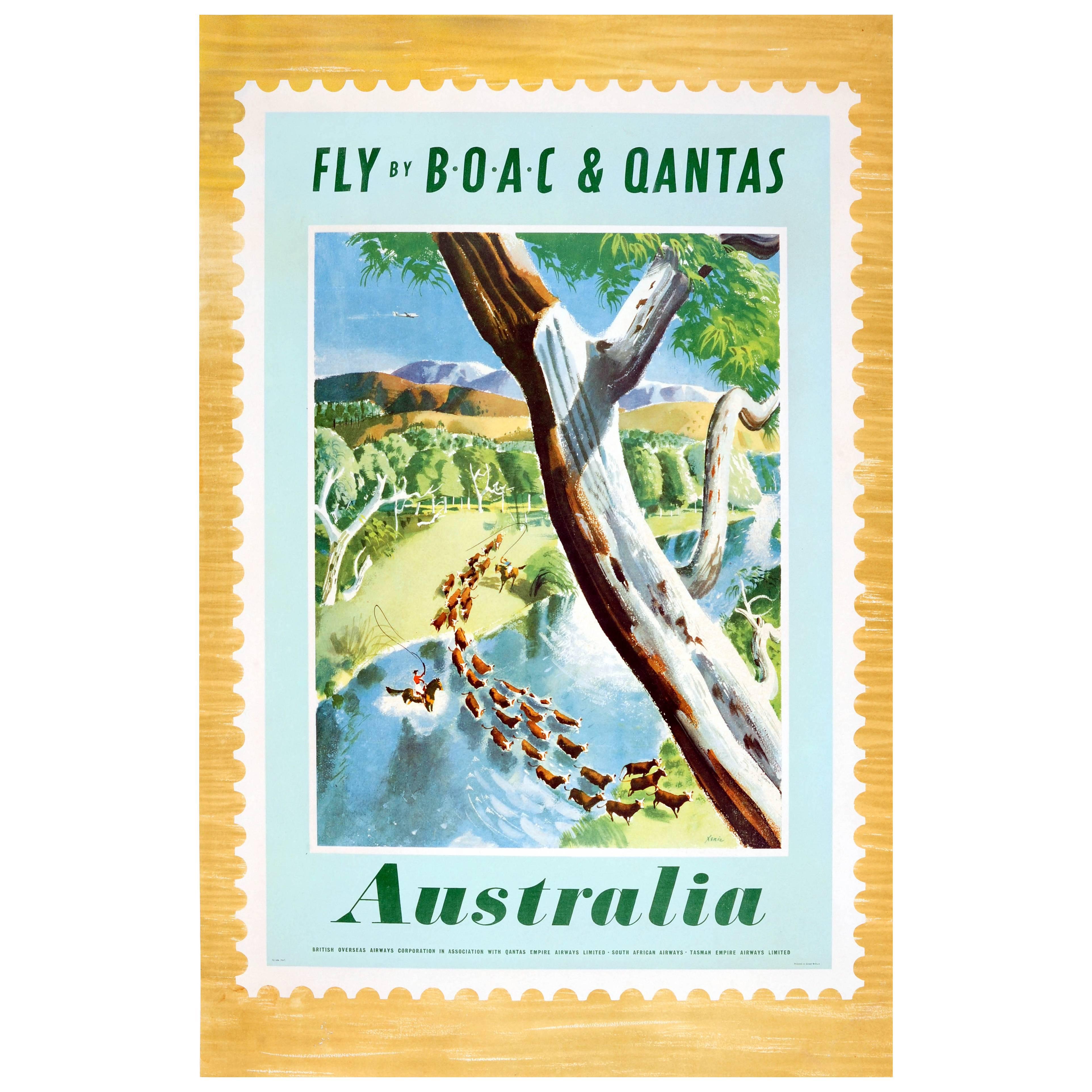 Original Vintage Travel Poster Fly BOAC & Qantas Australia Postage Stamp Design