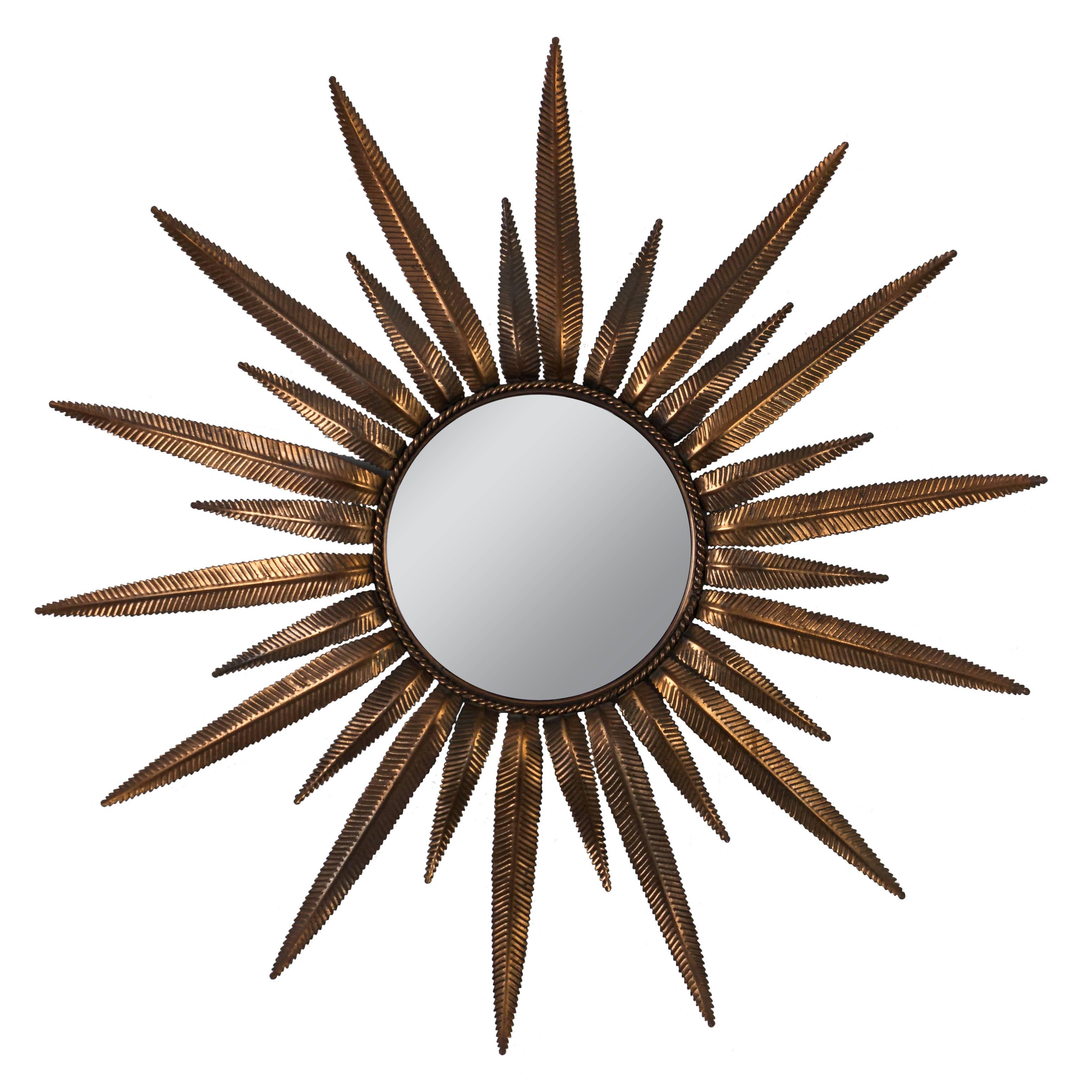  Spanischer verkupferter Metall-Sunburst-Spiegel mit Farn-Blatt-Rahmen
